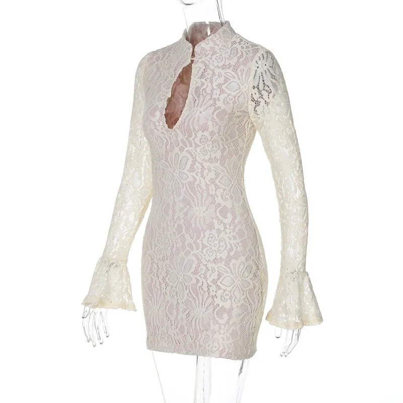 Sexy Lace Hollow Out Long Sleeve Half High Collar Party Dress