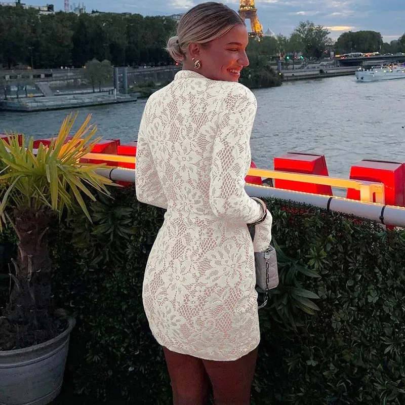 Sexy Lace Hollow Out Long Sleeve Half High Collar Party Dress