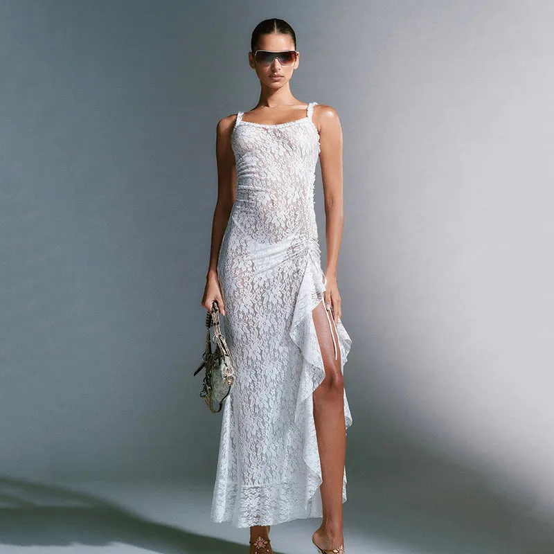 Sexy Lace Strap Stitched Backless Sheath Party Dress
