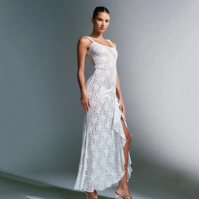 Sexy Lace Strap Stitched Backless Sheath Party Dress