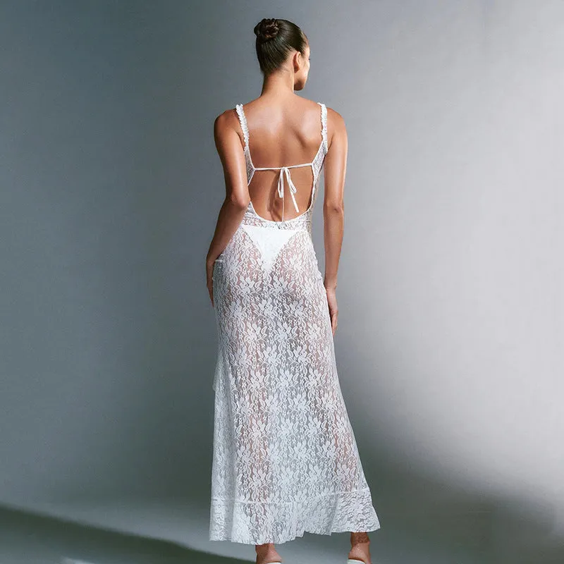 Sexy Lace Strap Stitched Backless Sheath Party Dress