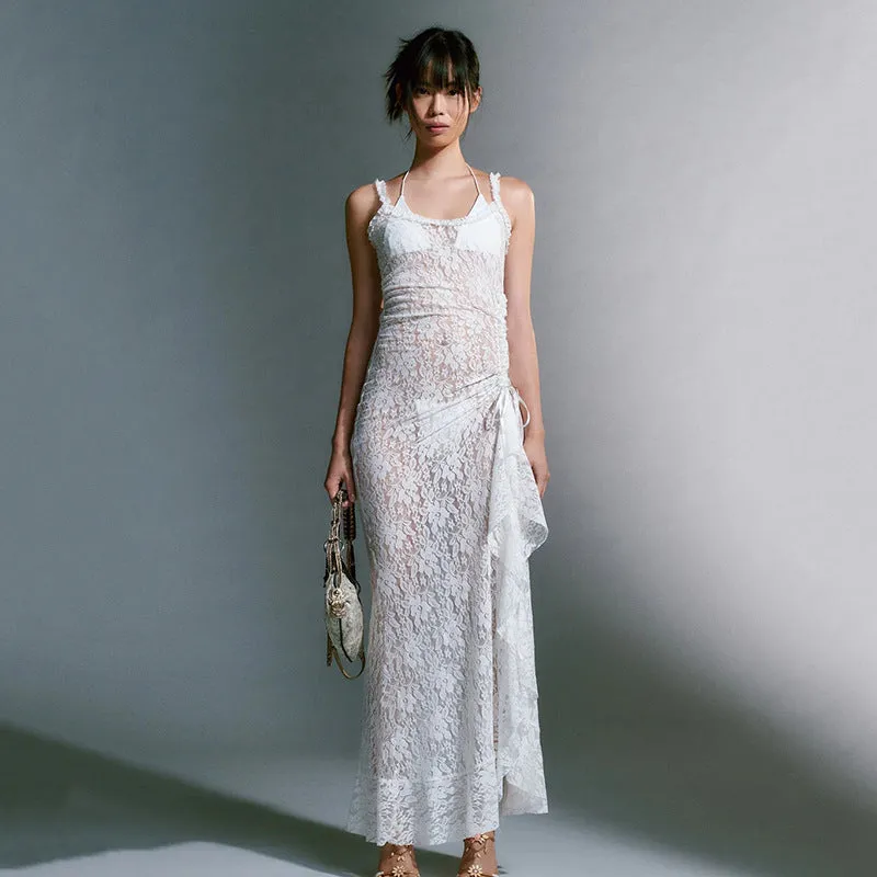 Sexy Lace Strap Stitched Backless Sheath Party Dress