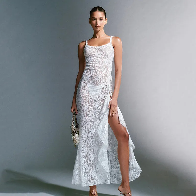 Sexy Lace Strap Stitched Backless Sheath Party Dress