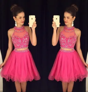 Sexy Two Pieces Beaded Hot Pink Halter Homecoming Prom Dresses, CM0016