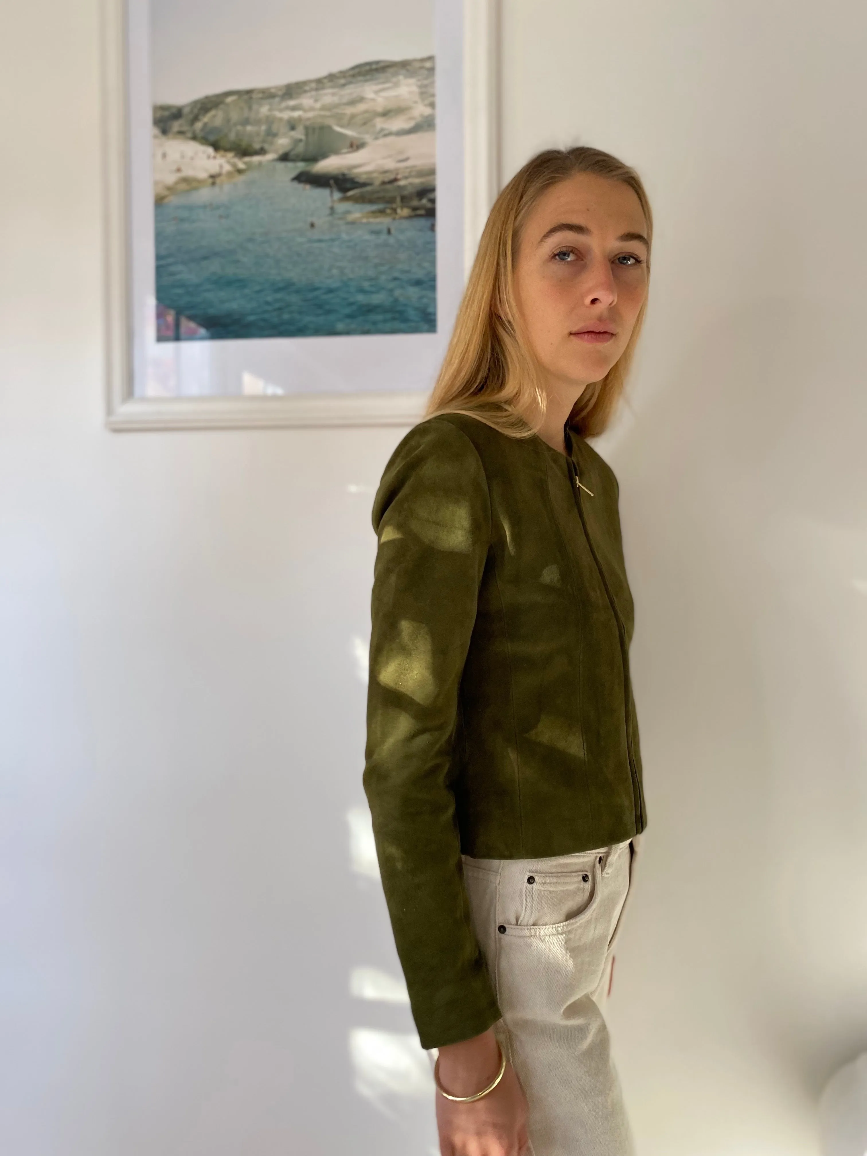 Shala Suede Leather Bolero in Olive