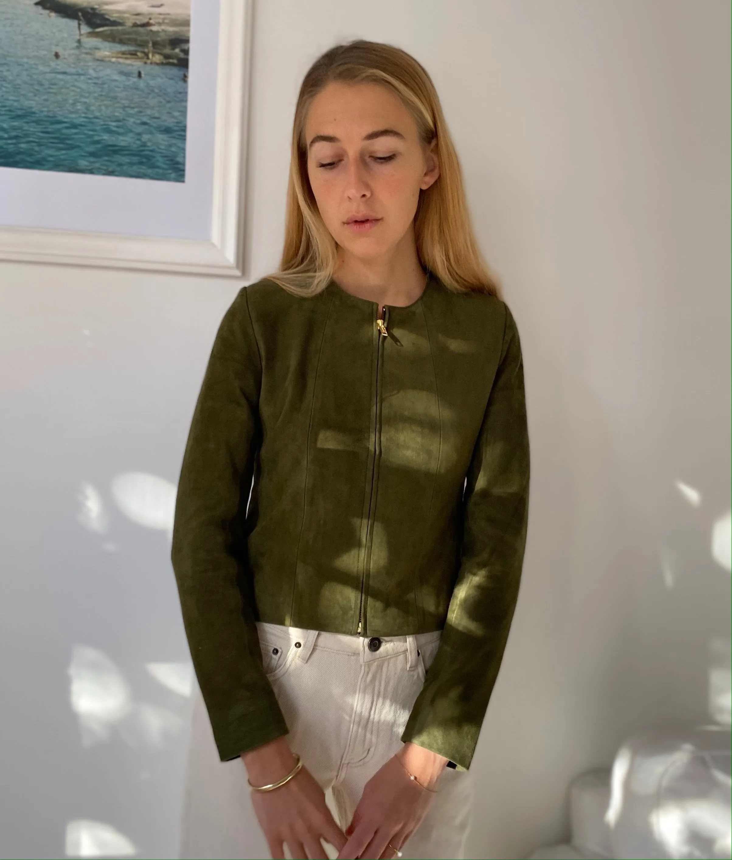 Shala Suede Leather Bolero in Olive