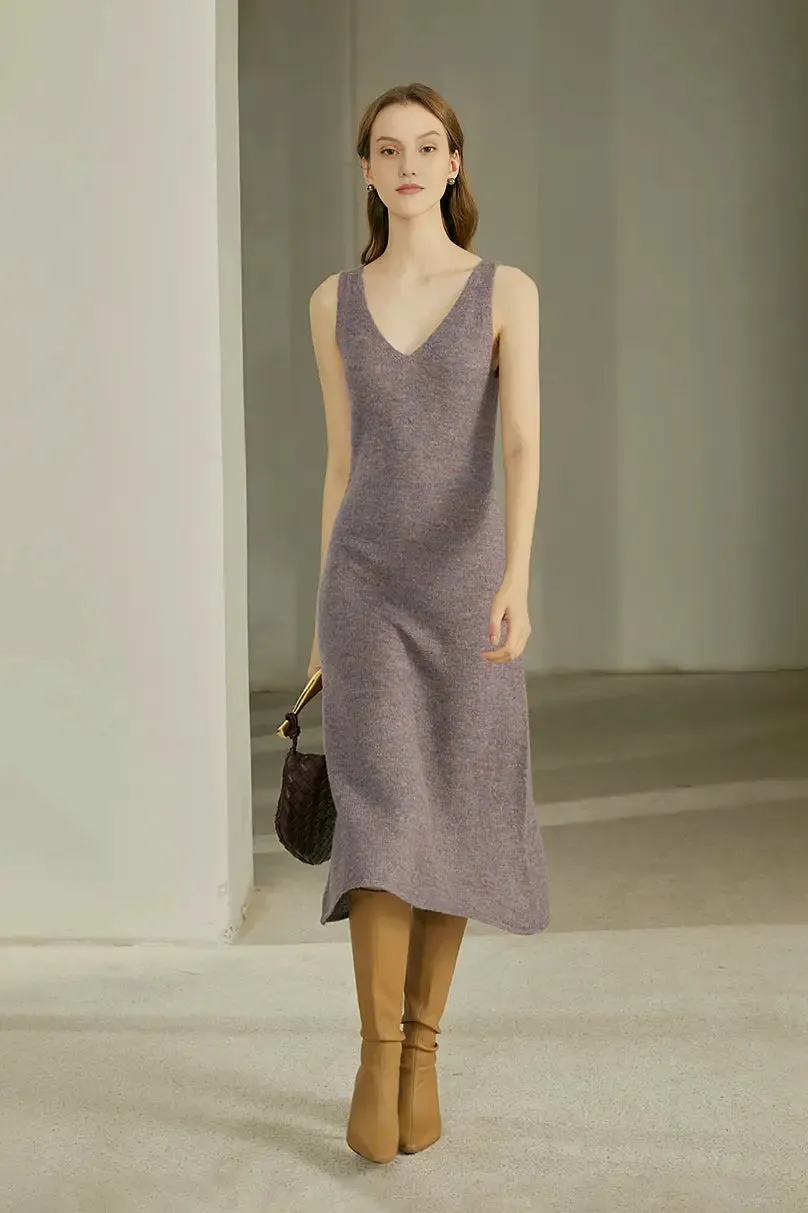 Sleeveless V Neck Rib Knit Wool Tank Dress