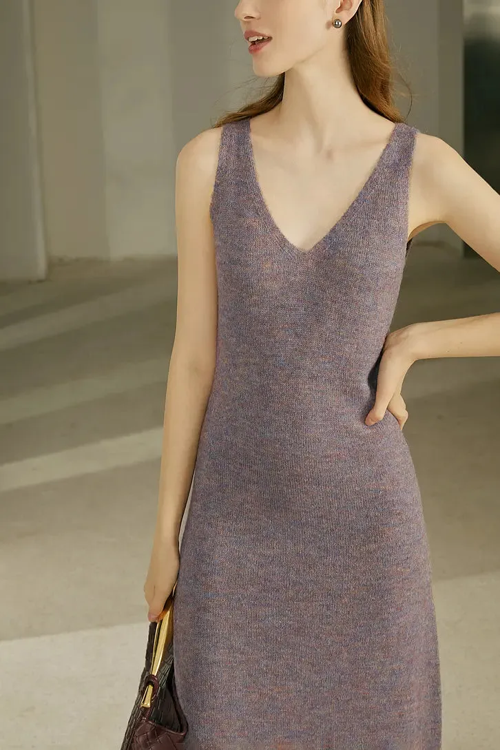 Sleeveless V Neck Rib Knit Wool Tank Dress