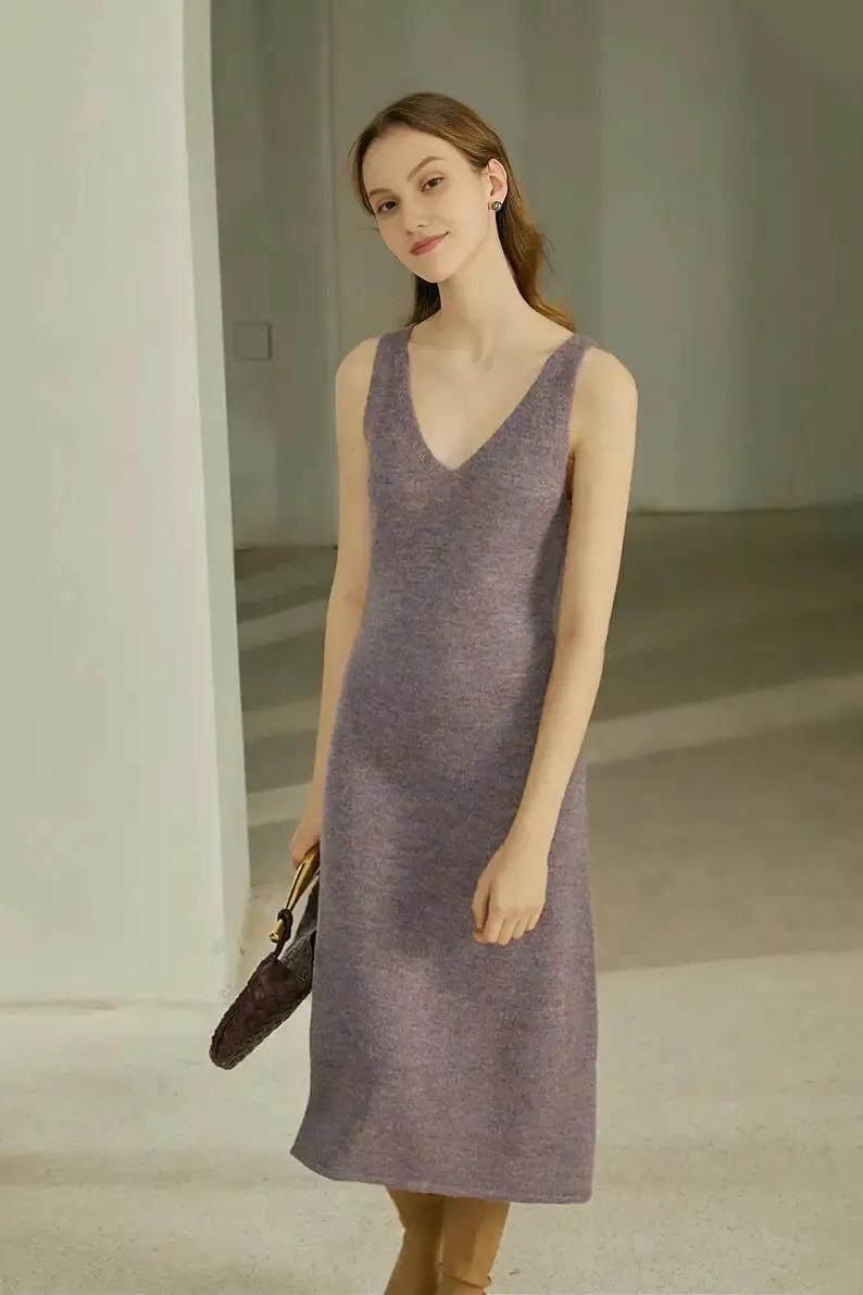 Sleeveless V Neck Rib Knit Wool Tank Dress