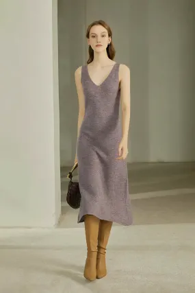 Sleeveless V Neck Rib Knit Wool Tank Dress