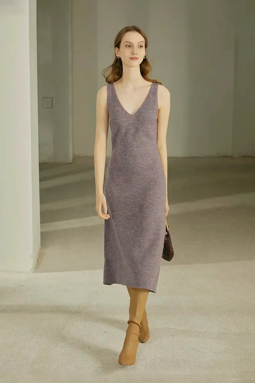 Sleeveless V Neck Rib Knit Wool Tank Dress