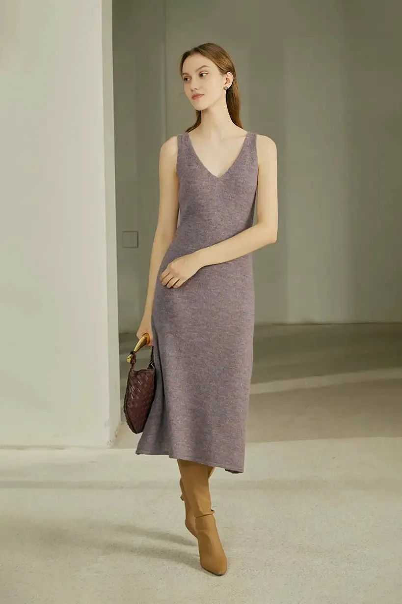 Sleeveless V Neck Rib Knit Wool Tank Dress