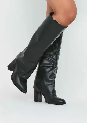 Stassie Black Folded Over Knee High Boots