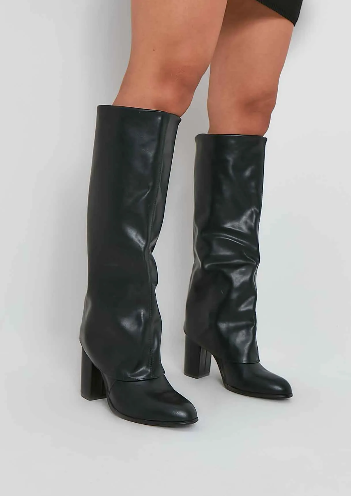 Stassie Black Folded Over Knee High Boots