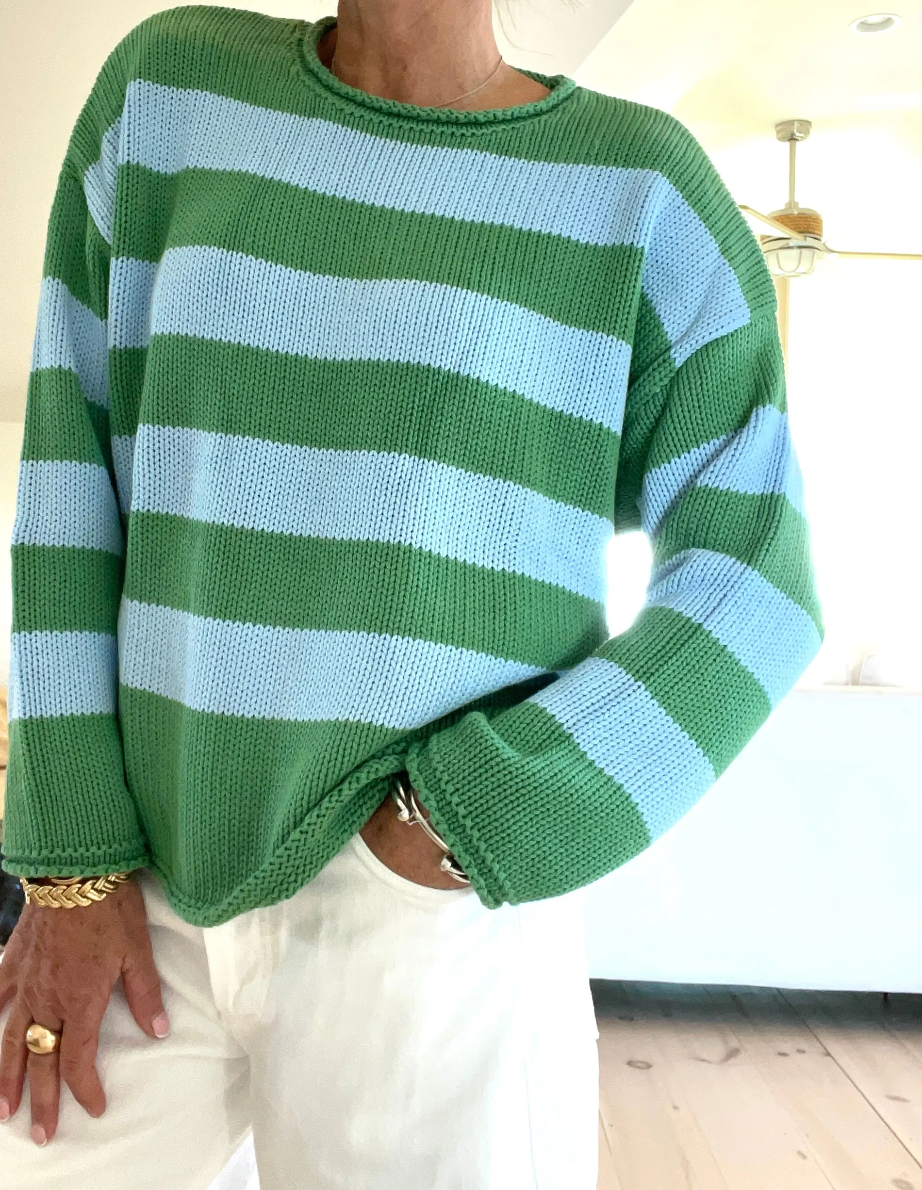 Stripe Roll Neck Sweater - Sky/Green or Sky/Brown