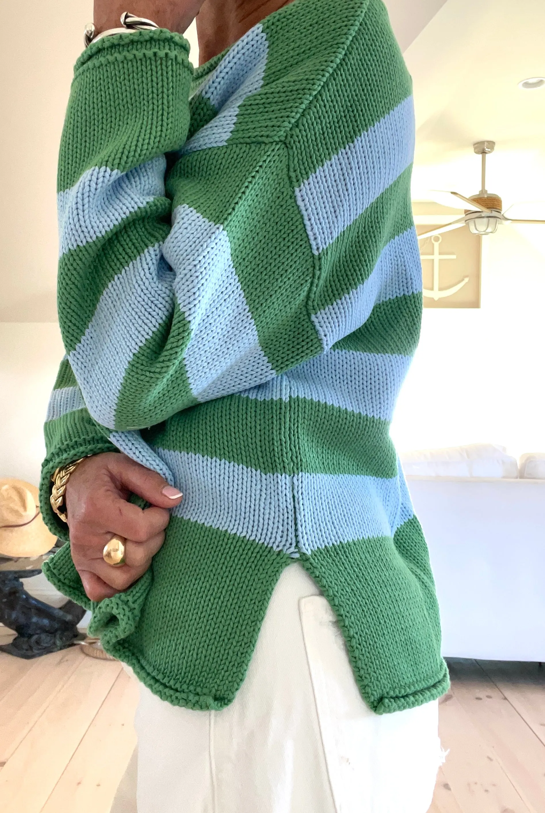Stripe Roll Neck Sweater - Sky/Green or Sky/Brown