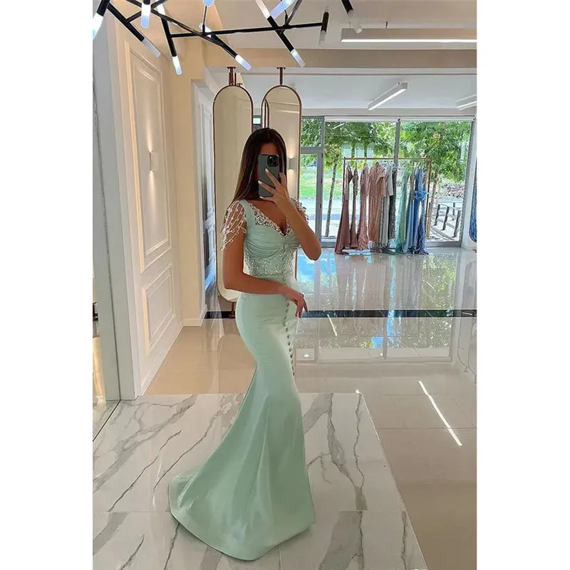 Sweetheart Beaded Satin Mermaid Long Prom Gown With Slit