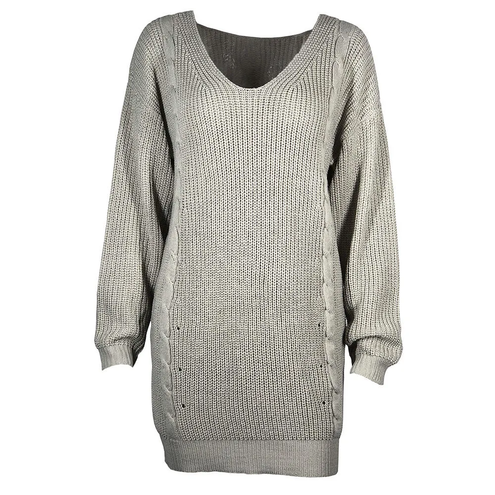 V-neck Cable Knit Loose Women Pullover Oversized Sweater Dress