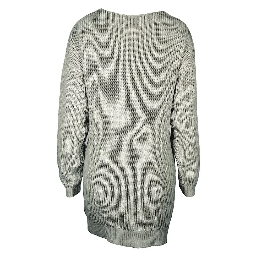 V-neck Cable Knit Loose Women Pullover Oversized Sweater Dress