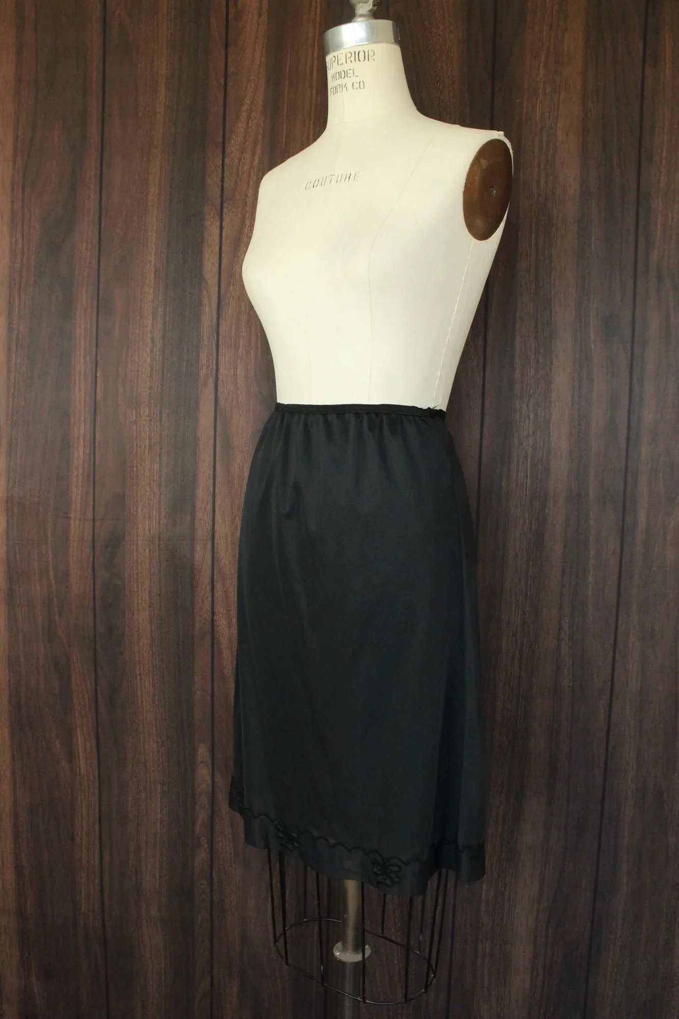 Vintage 1960s 1970s Carol Brent Black Nylon Half Slip with Shamrock