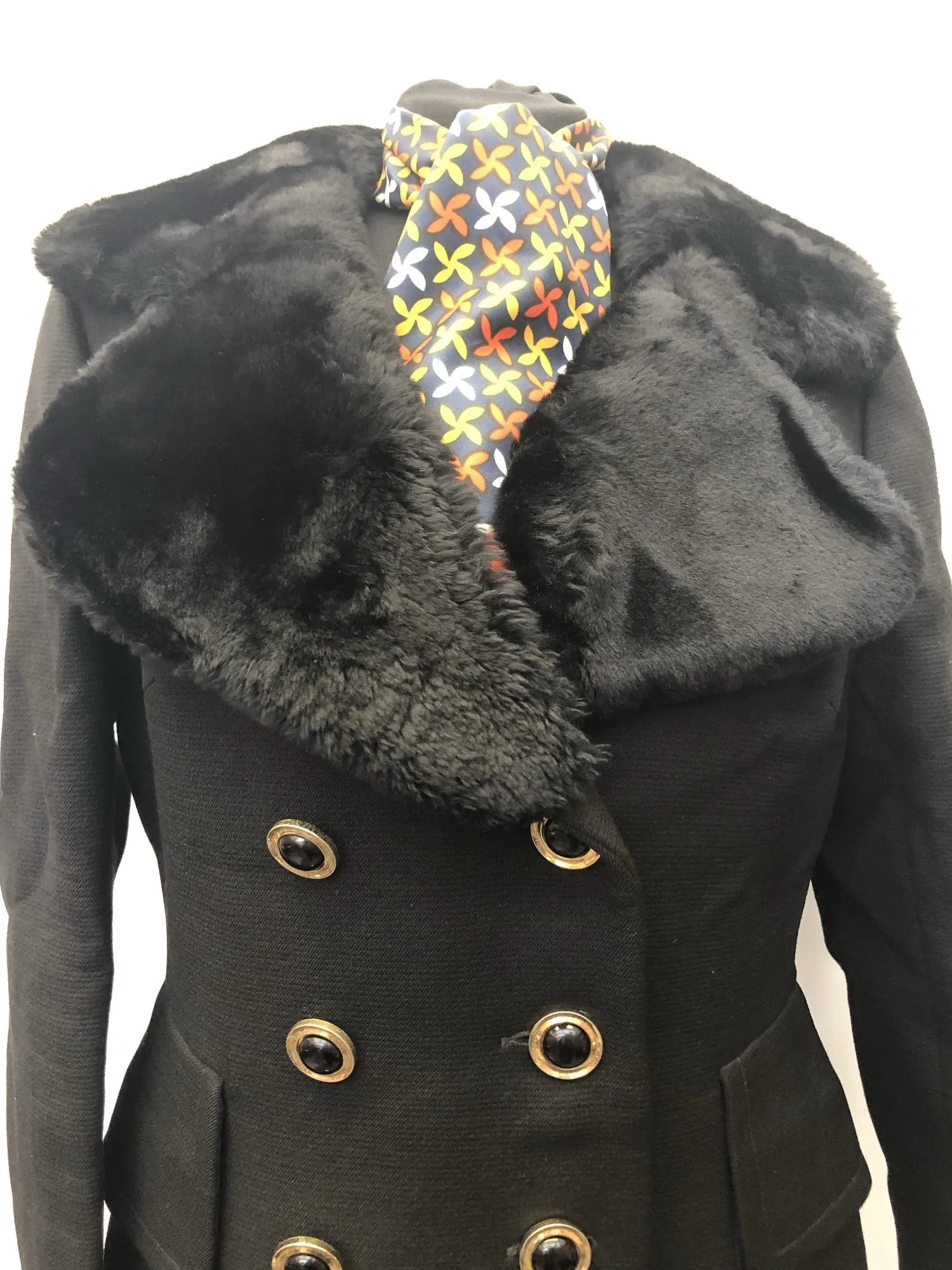 Vintage 1970s Wool Coat with Sheepskin Collar by Your Sixth Sense in Black - Size UK 12