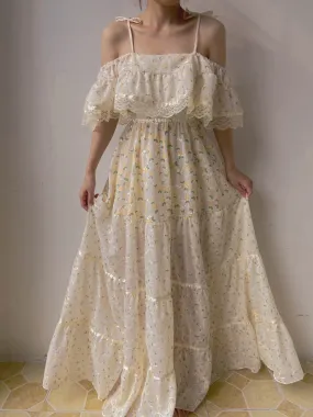 Vintage Floral Ruffled Lace Maxi Dress