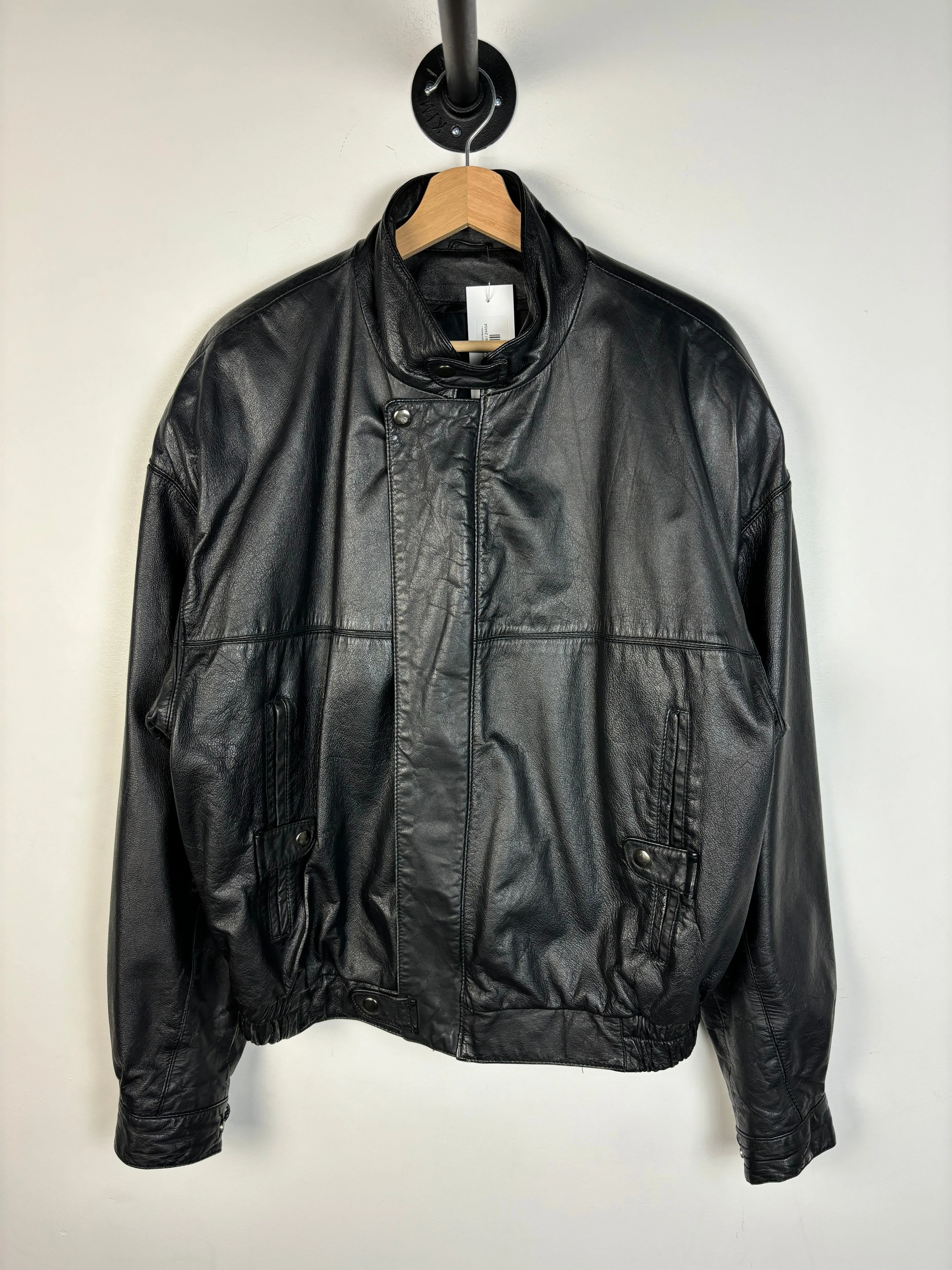 Vintage Y2K Black Leather Cropped Bomber Jacket