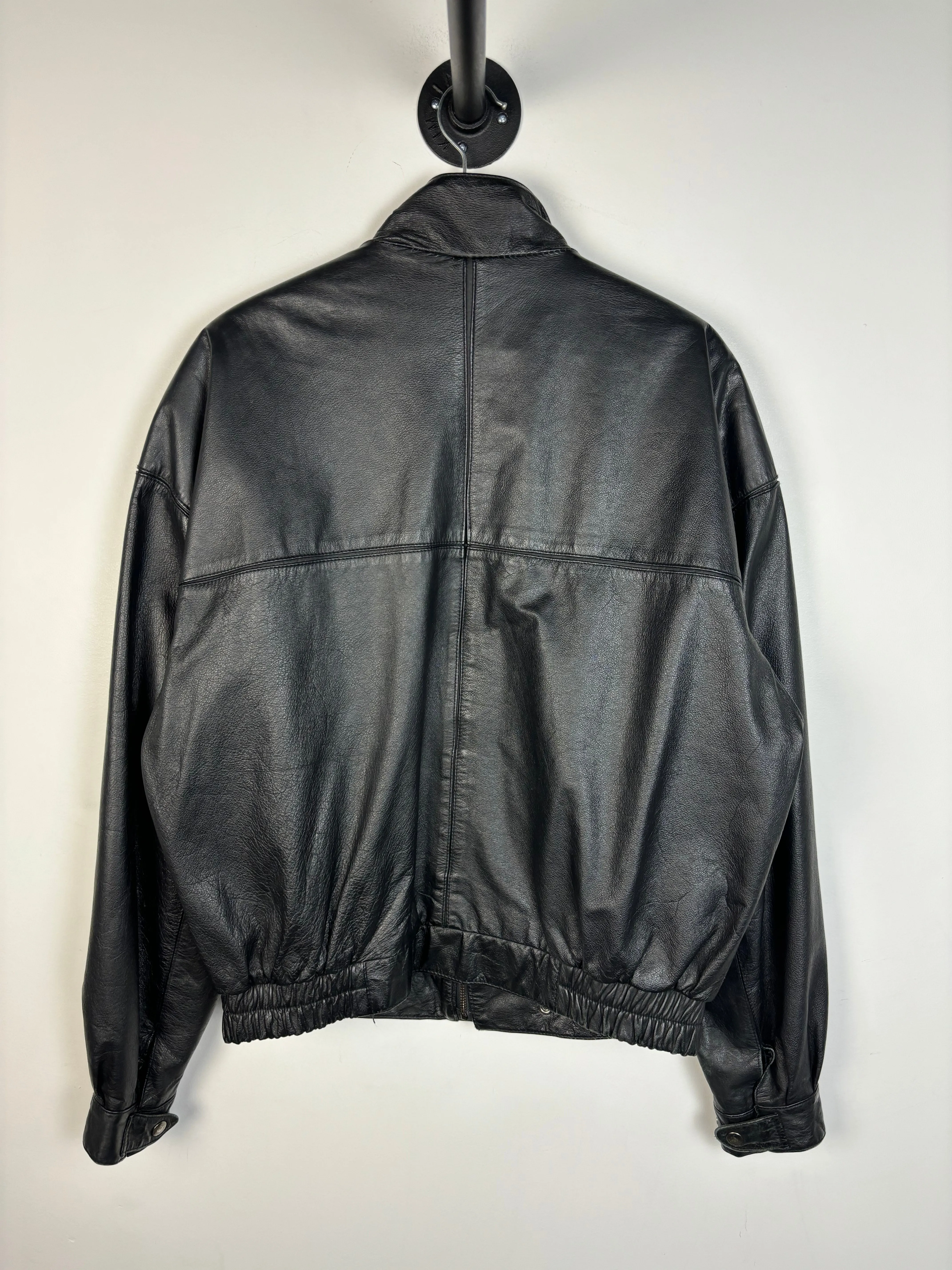 Vintage Y2K Black Leather Cropped Bomber Jacket