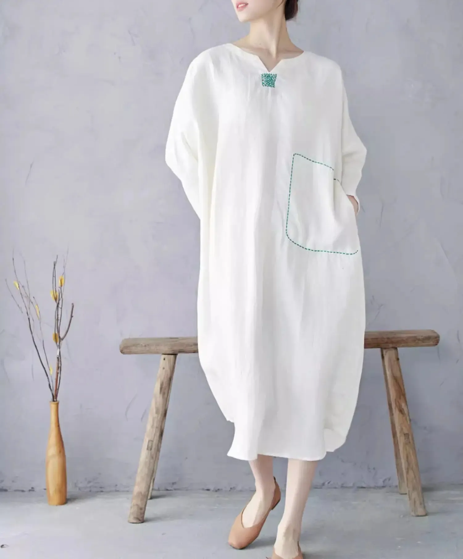 White Linen Pullover Dress with Long Sleeves Dress