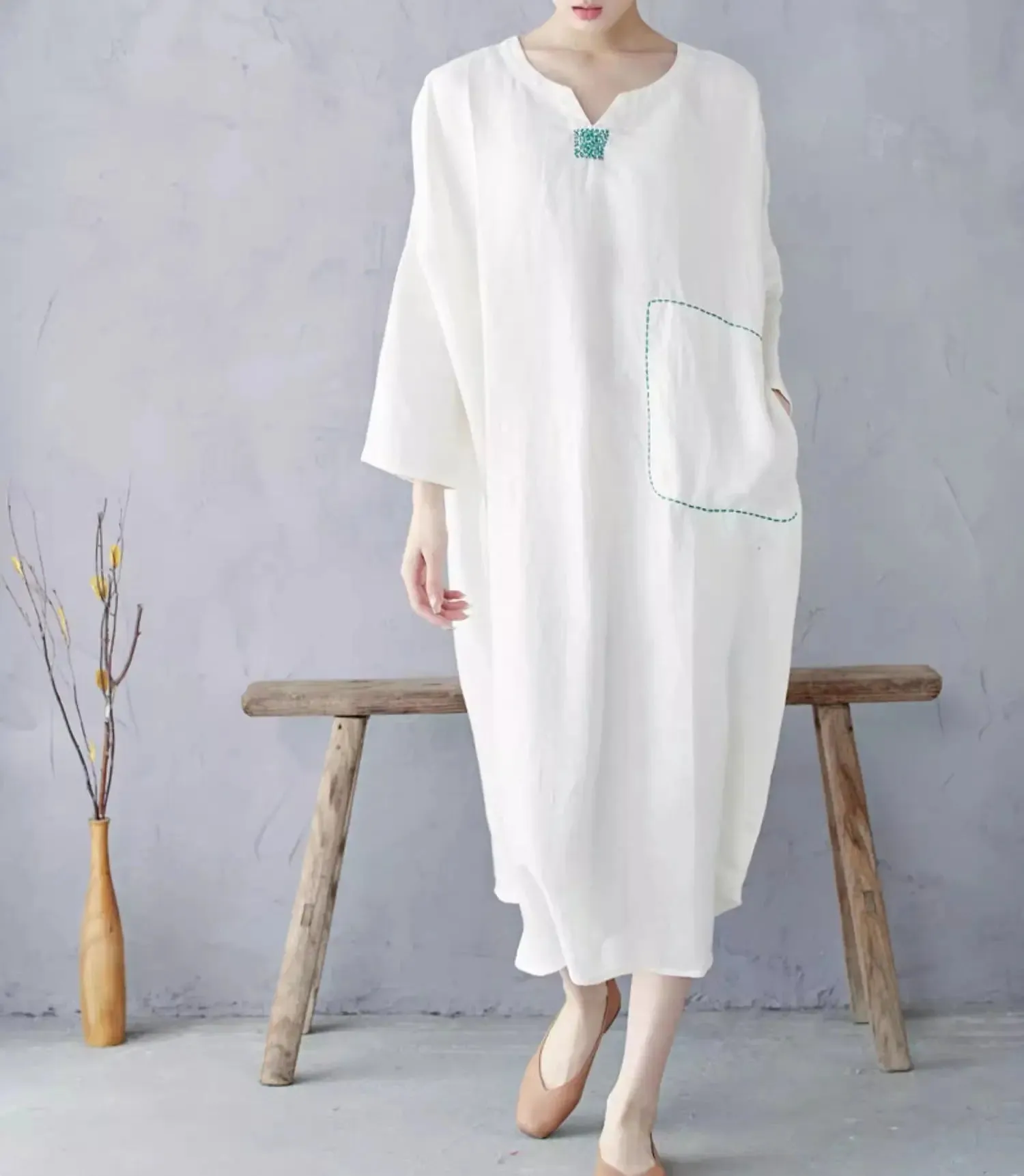 White Linen Pullover Dress with Long Sleeves Dress