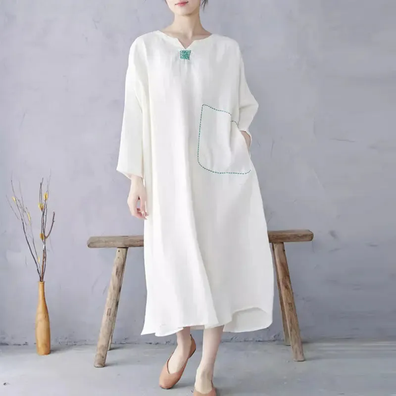 White Linen Pullover Dress with Long Sleeves Dress
