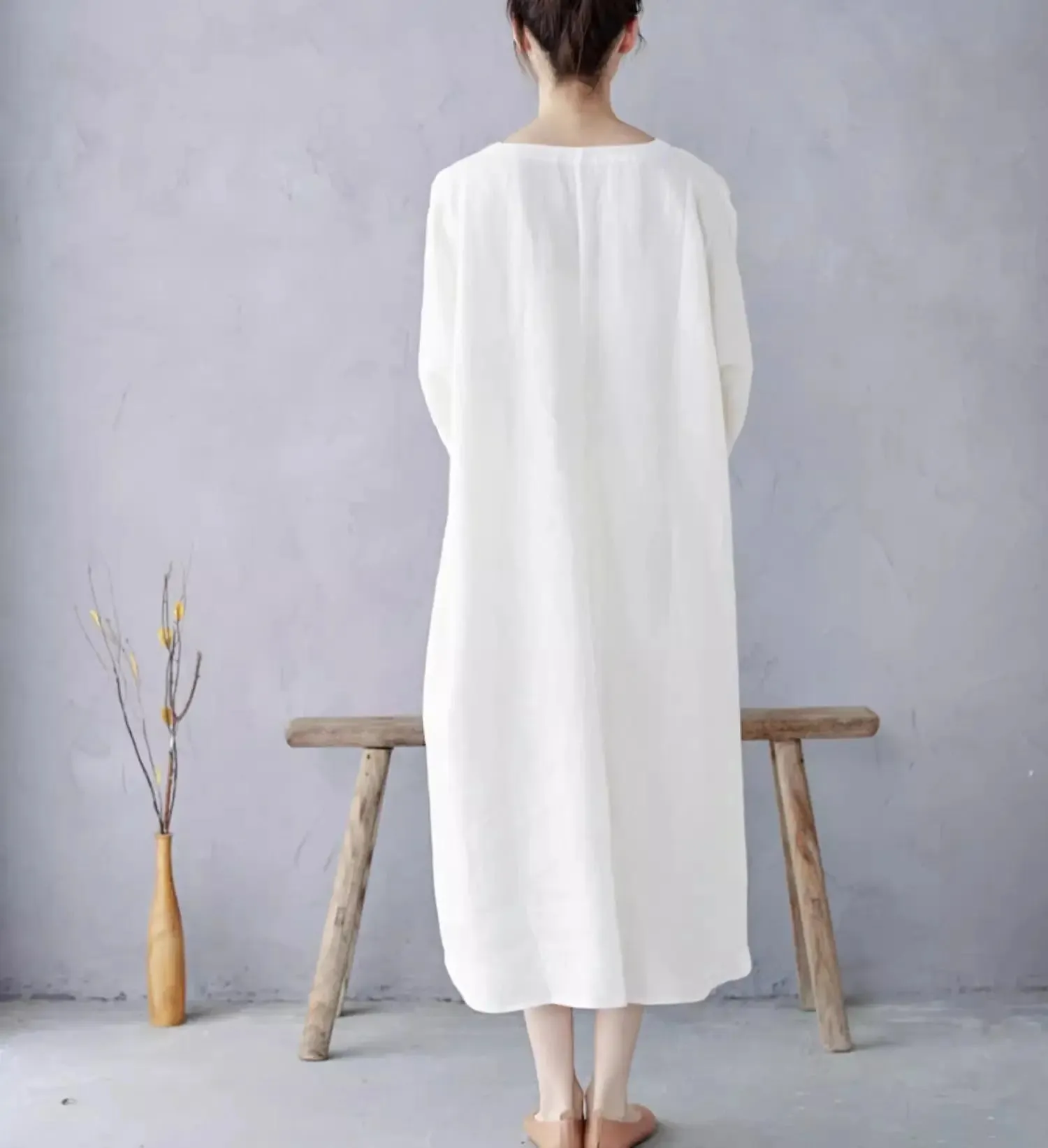 White Linen Pullover Dress with Long Sleeves Dress