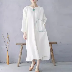 White Linen Pullover Dress with Long Sleeves Dress