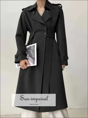 Woman Black Casual Maxi Trench Turndown Collar Long Sleeve Asymmetrical Autumn Coat
