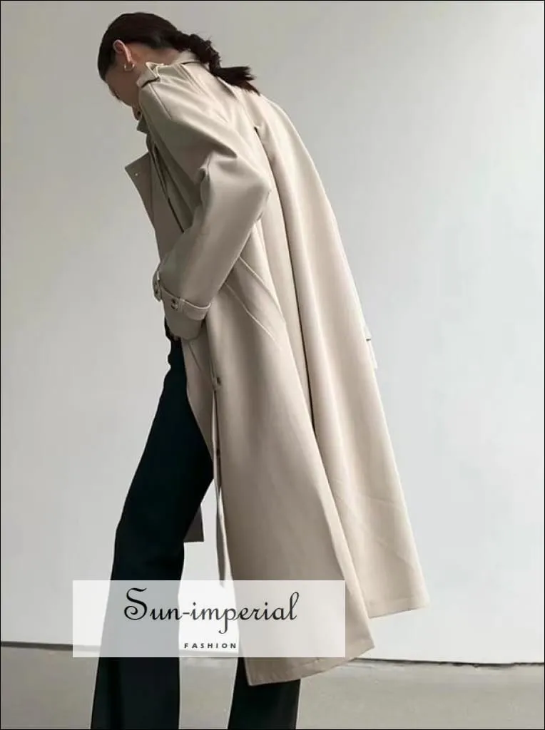 Woman Black Casual Maxi Trench Turndown Collar Long Sleeve Asymmetrical Autumn Coat