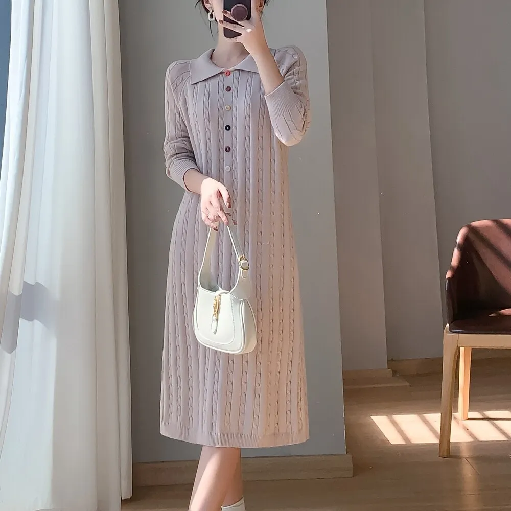 Women Casual Lapel Loose Sweater Dress
