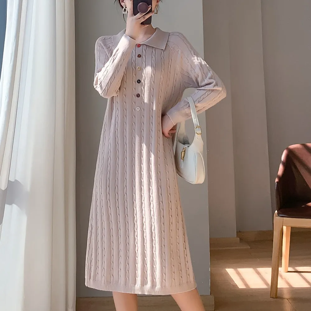 Women Casual Lapel Loose Sweater Dress