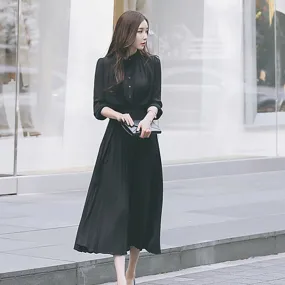 Women Pleated Dress Full Sleeve Slim Waist A-line Dress - WD8140