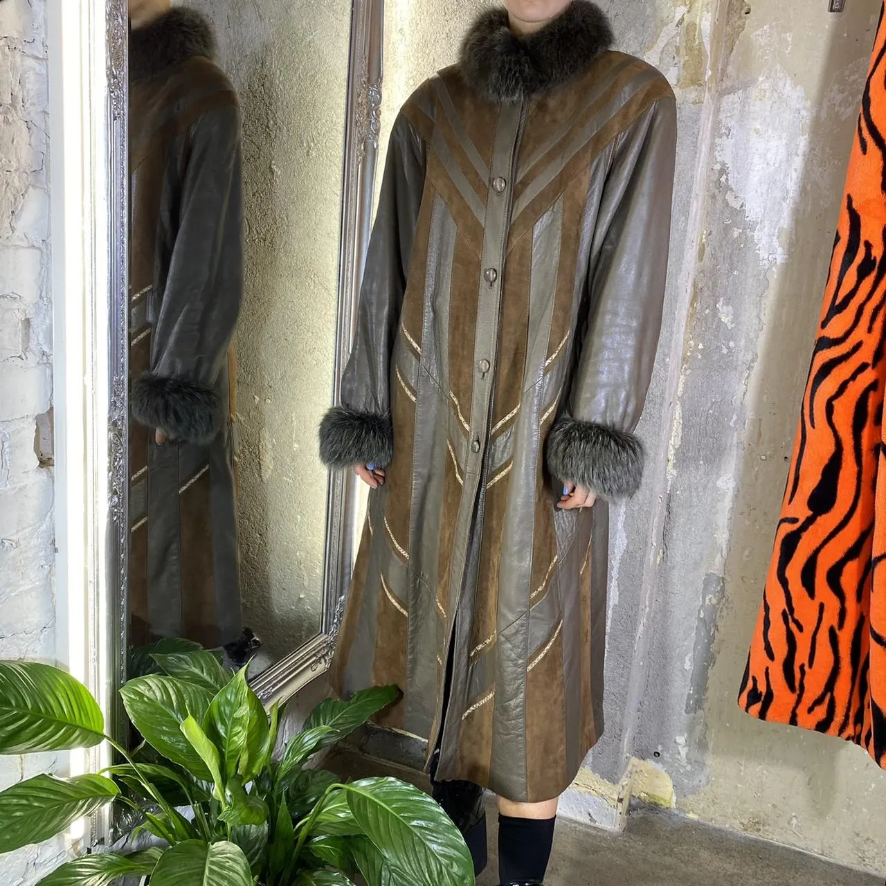 Women's Outerwear Brown Penny Lane Panel Coat Leather/ Polyester Size Large Front Button