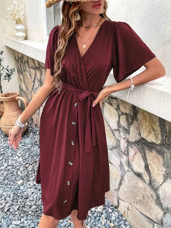 Women's V-Neck Midi Dress with Short Flutter Sleeves and Waist Tie