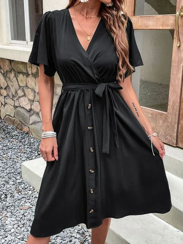 Women's V-Neck Midi Dress with Short Flutter Sleeves and Waist Tie