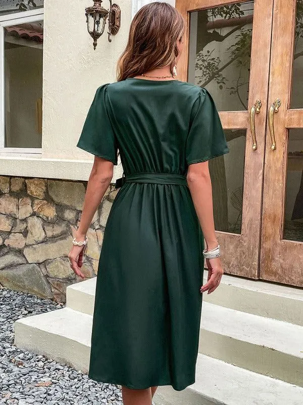 Women's V-Neck Midi Dress with Short Flutter Sleeves and Waist Tie