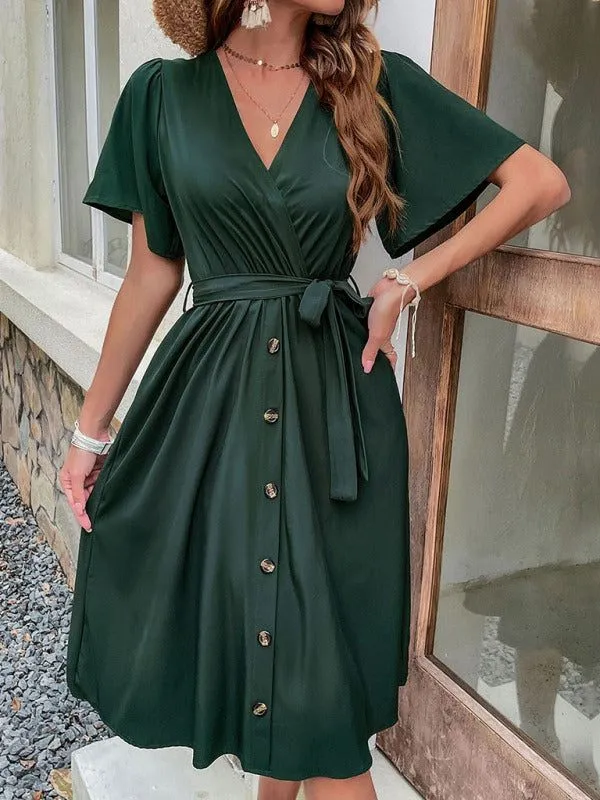 Women's V-Neck Midi Dress with Short Flutter Sleeves and Waist Tie