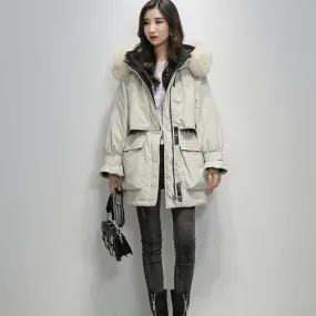 Women's Winter Polyester Hooded Warm Parka With Fox Fur