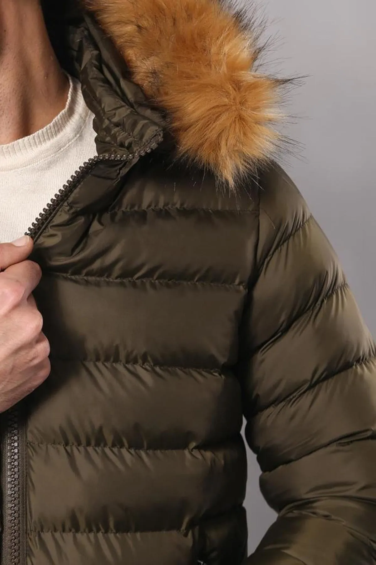 WSS Khaki Fur Hooded Men's Puffer Coat  - Singen